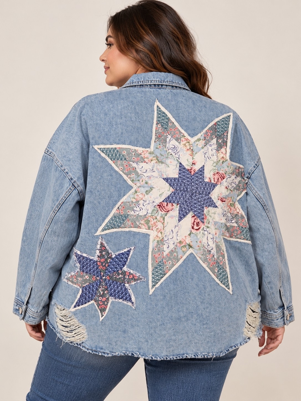 Upcycle Light Blue Denim Patchwork Star Back Jacket - Women